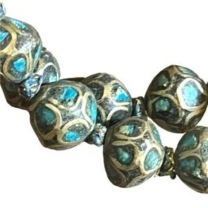 Antique Turquoise 800 Silver India Tibetan hand Beaded Necklace brass knotted